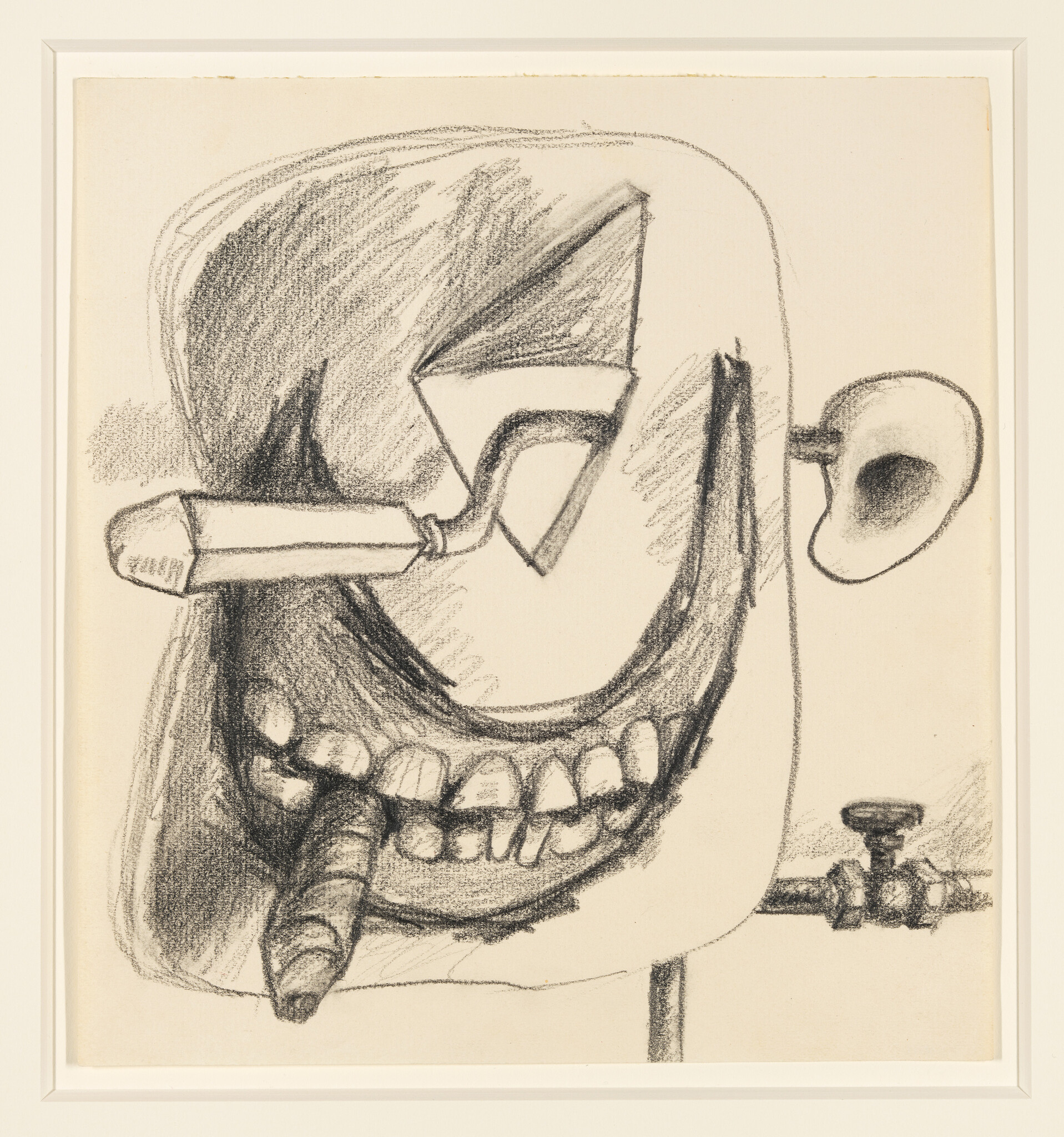 Surreal charcoal drawing of a head with large teeth biting a cigar and a pencil through one eye.