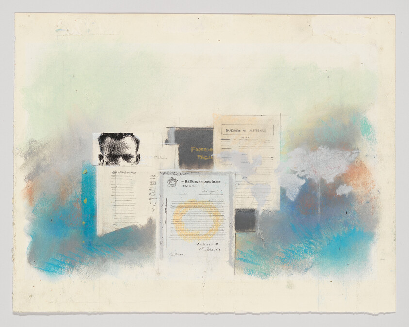 A collage of faded documents and a partially visible man's face amid blue and orange smudges.