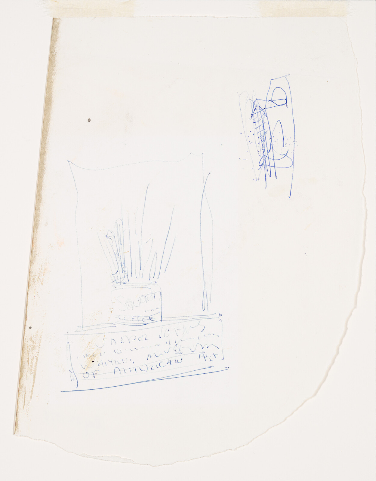 A torn sheet with a blue pen sketch of a jar of brushes and scribbled notes.