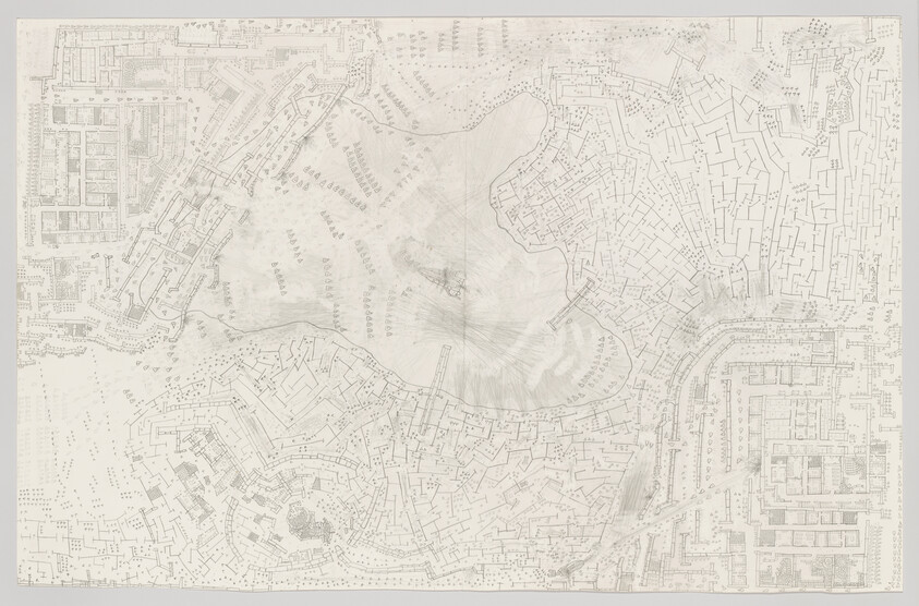 Detailed hand-drawn map showing a town's streets and buildings around a central crater-like hill.