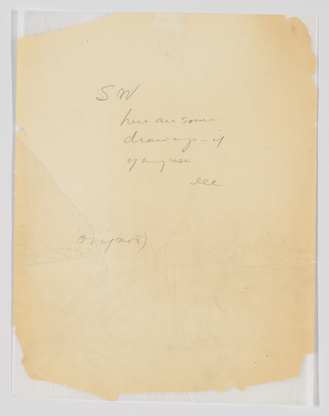 Aged, yellowed paper with handwritten notes, including the initials "S.N." and the words "have some drawings of gangrene see original," with some text faded and illegible. The paper has torn edges and is mounted on a white background.