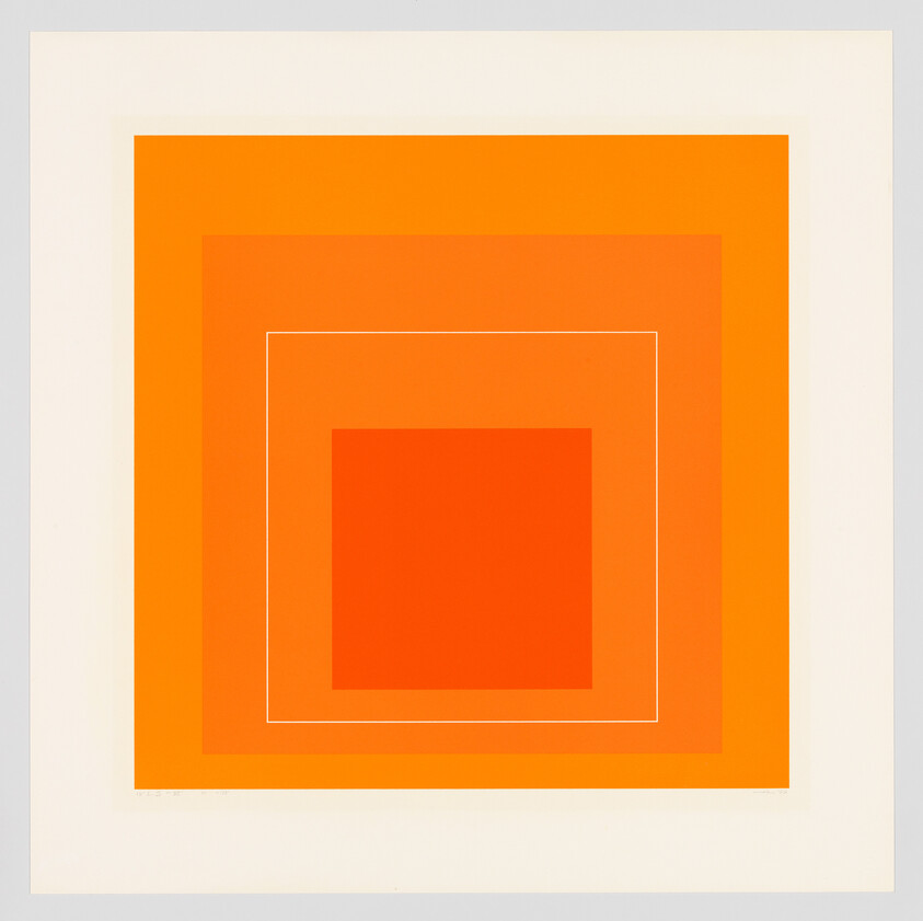 Concentric orange squares with a thin white square outline centered on a light background.