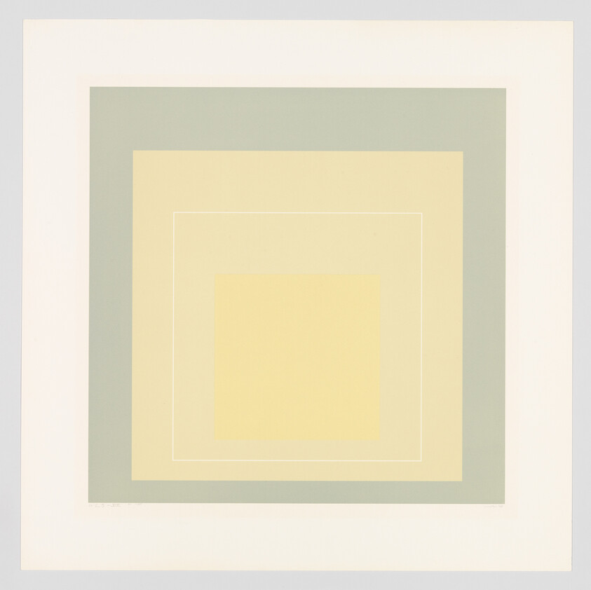 Concentric pale squares in yellow, beige, and muted green creating a layered geometric pattern.