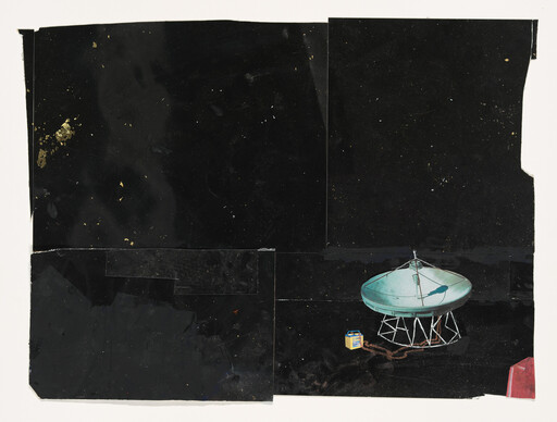 A teal satellite dish sits on a metal frame on a black background next to a small yellow box.
