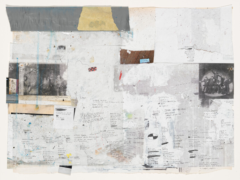 A collage of various materials and textures with handwritten notes, printed text, and black-and-white photographs. The composition includes layers of paper, fabric, and paint, with visible creases, tears, and areas of wear. The imagery and text appear to be a mix of personal mementos and artistic expressions, creating an abstract and fragmented visual narrative.