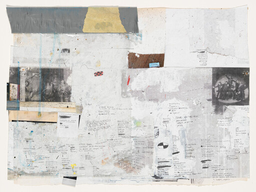 Large mixed-media collage with faded handwritten notes, sketches, and two small black-and-white photographs.