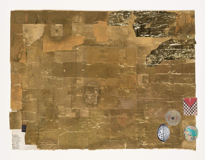A textured collage featuring a predominantly gold and brown color scheme with various pieces of paper and materials layered to create an abstract composition. On the right side, there are several circular and square elements with patterns and colors that contrast with the gold background, including a checkered pattern and what appears to be hand-drawn designs on the circular pieces.