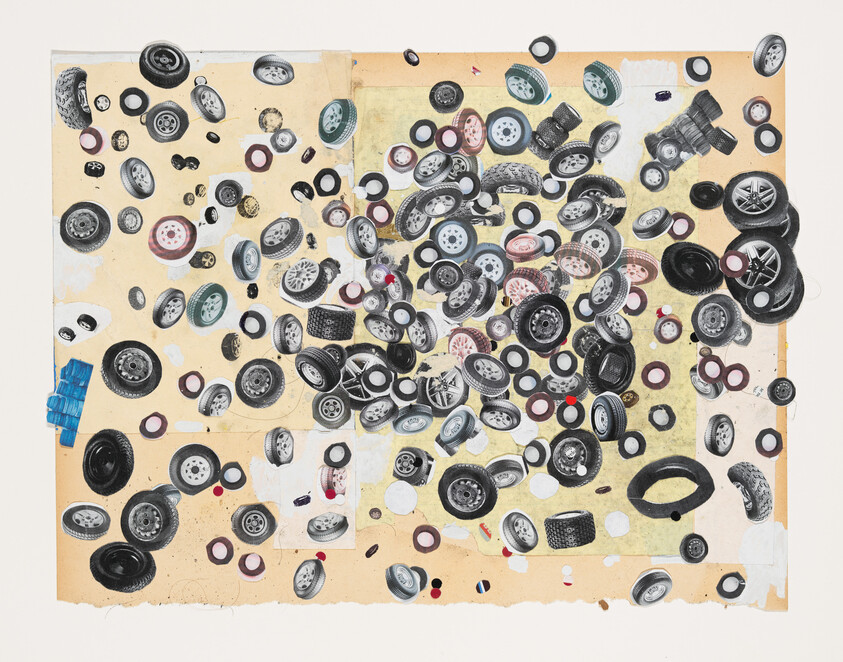 A collage of various buttons and small objects scattered across a yellowed paper background. The buttons come in different sizes, colors, and designs, with some resembling car wheels, and others more decorative. There are also a few non-button items mixed in, such as a blue plastic buckle on the left side. The overall impression is of a chaotic yet intriguing assortment of sewing materials and miscellaneous small items.