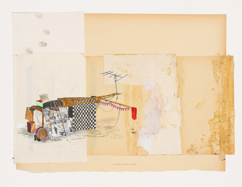 A mixed media collage featuring various paper textures and colors with a central abstract cart-like structure adorned with patterned fabrics, photographs, and drawings, set against a backdrop of neutral-toned paper with some scribbles and paint marks.