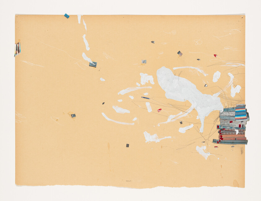 An abstract artwork on a beige paper background featuring scattered white paint splatters, pencil scribbles, and small, colorful paper or fabric pieces. On the right side, a cluster of what appears to be pencil or crayon stubs is arranged in a tight, vertical bundle with their tips pointing towards the center of the paper.