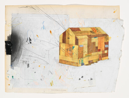 A small patchwork wooden house collage sits on worn paper with scattered scribbles and tape.