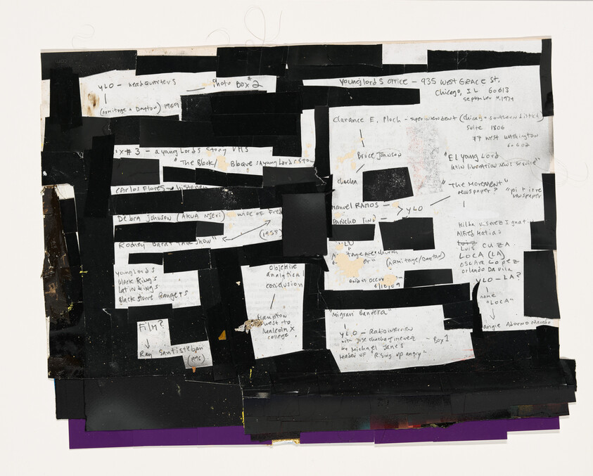Collage of taped handwritten notes and index cards with black tape obscuring most text.