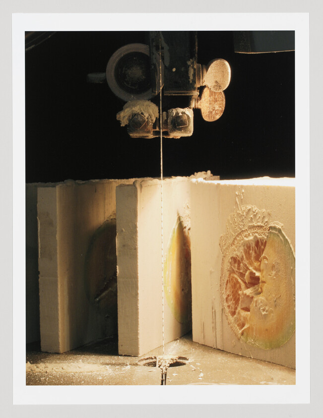 Band saw blade cutting through rectangular foam blocks with circular relief carvings.