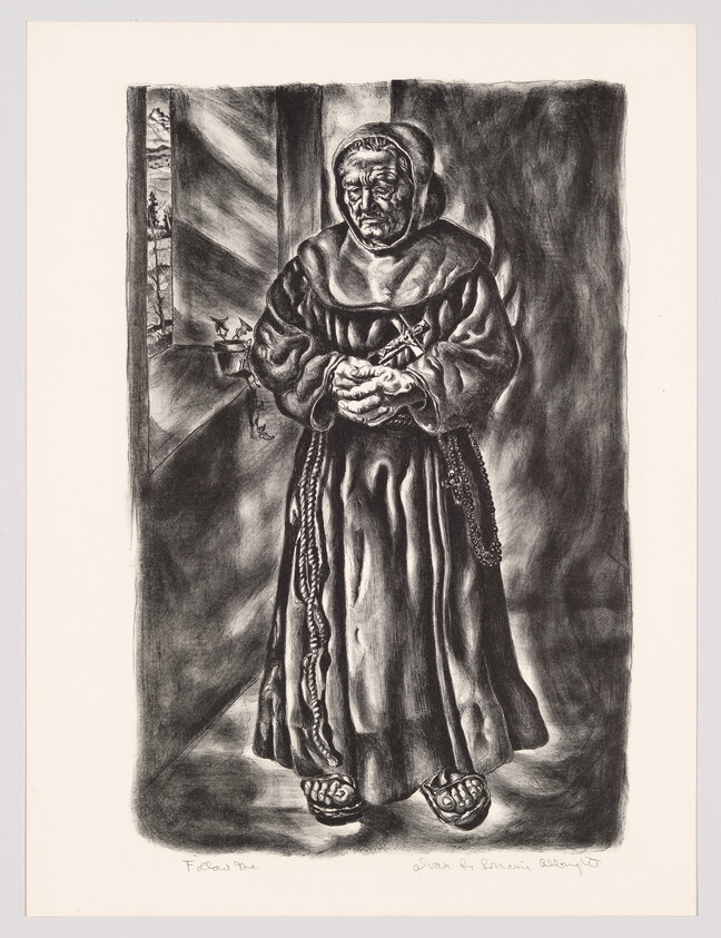 An elderly monk in a hooded robe stands with clasped hands and rosary near a window.