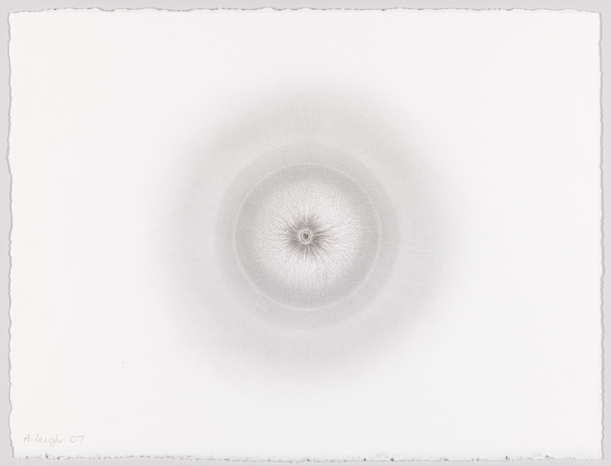 Delicate circular pencil drawing with a soft, radiating dot pattern centered on white paper.
