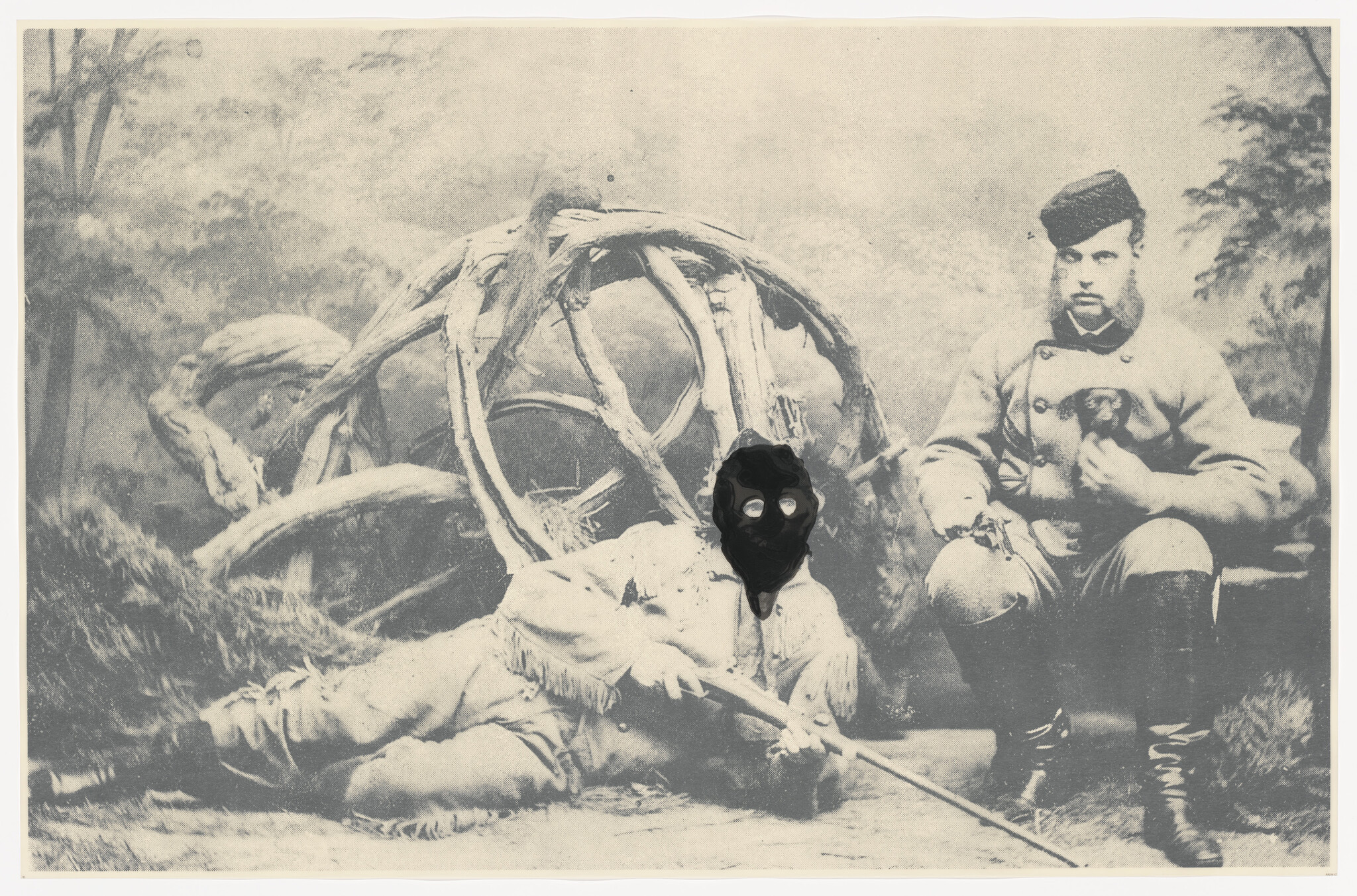 Two men in period outfits, one reclining with a rifle and dark mask, the other seated holding a small dog.