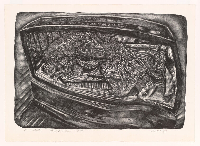 A richly dressed figure lies resting inside an open ornate coffin surrounded by patterned fabrics.