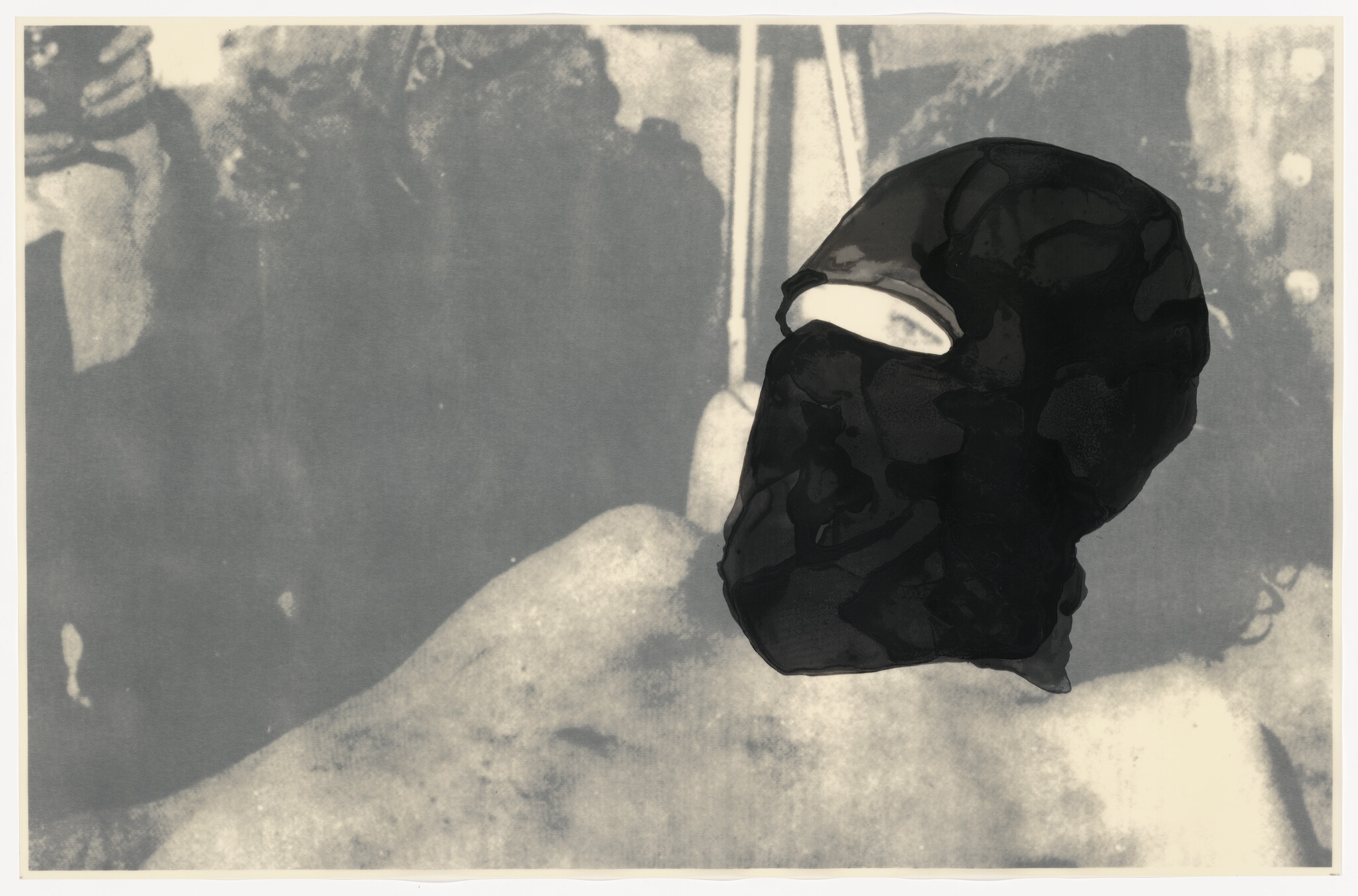 A reclining nude figure with a dark, abstract mask covering the head and white eye slit.