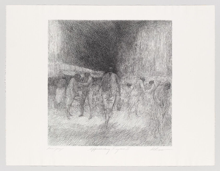 A group of weary people walking toward a bright opening, a tall figure leading the procession.