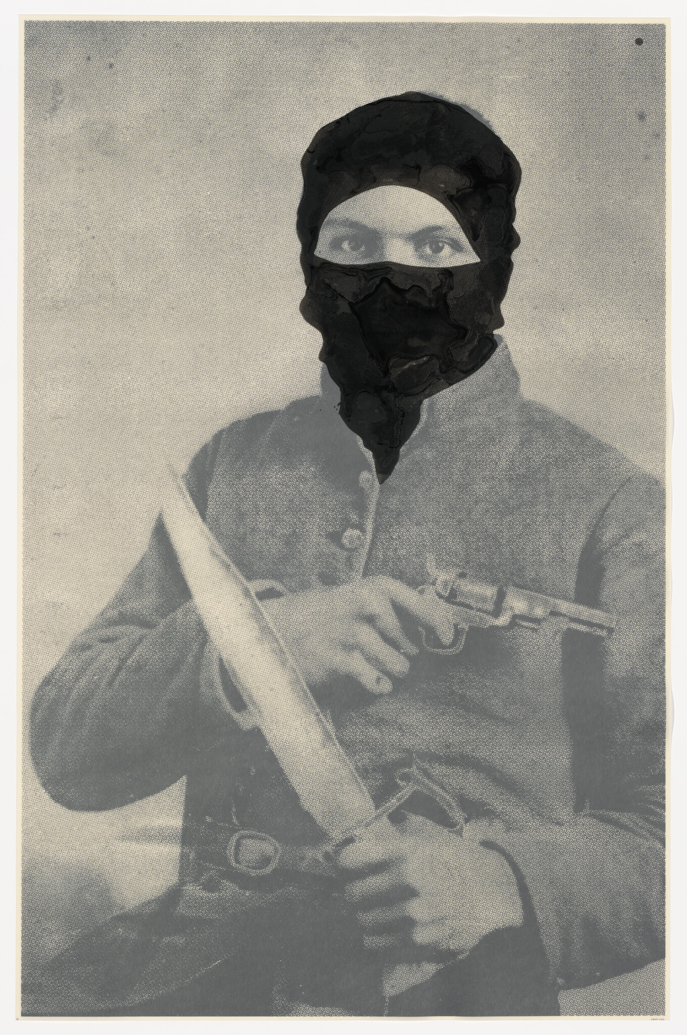 A person wearing a black face covering holds a pistol in one hand and a long knife.