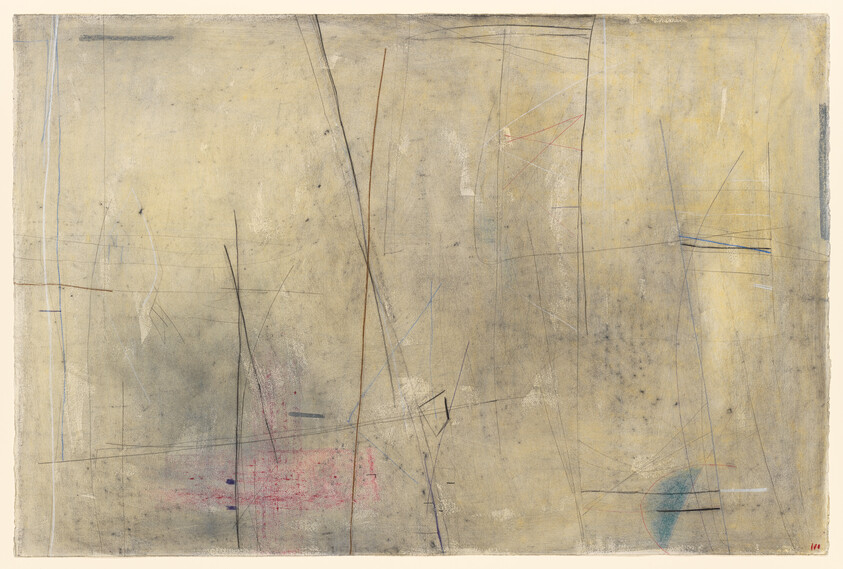 Pale beige abstract drawing with thin vertical and diagonal lines and small blue and red smudges.
