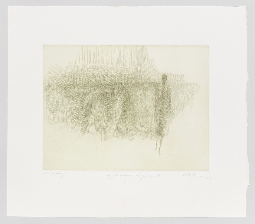 Faint elongated figure stands near a horizontal band of fine vertical marks in muted tones.