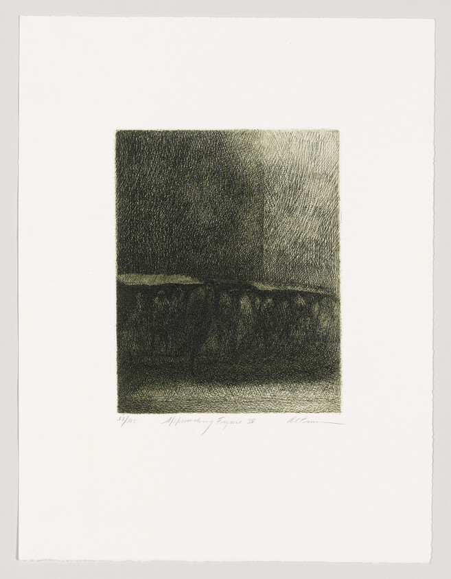 Dark etching print showing a shadowed cliffline under a heavily crosshatched sky.