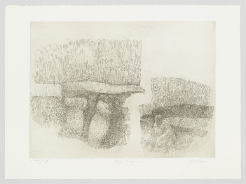 Two seated figures huddle beneath broad, textured rock ledges in a soft, sketch-like etching.
