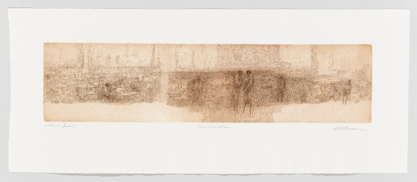 Faded sepia panorama showing two standing figures in the center with blurred surrounding landscape.