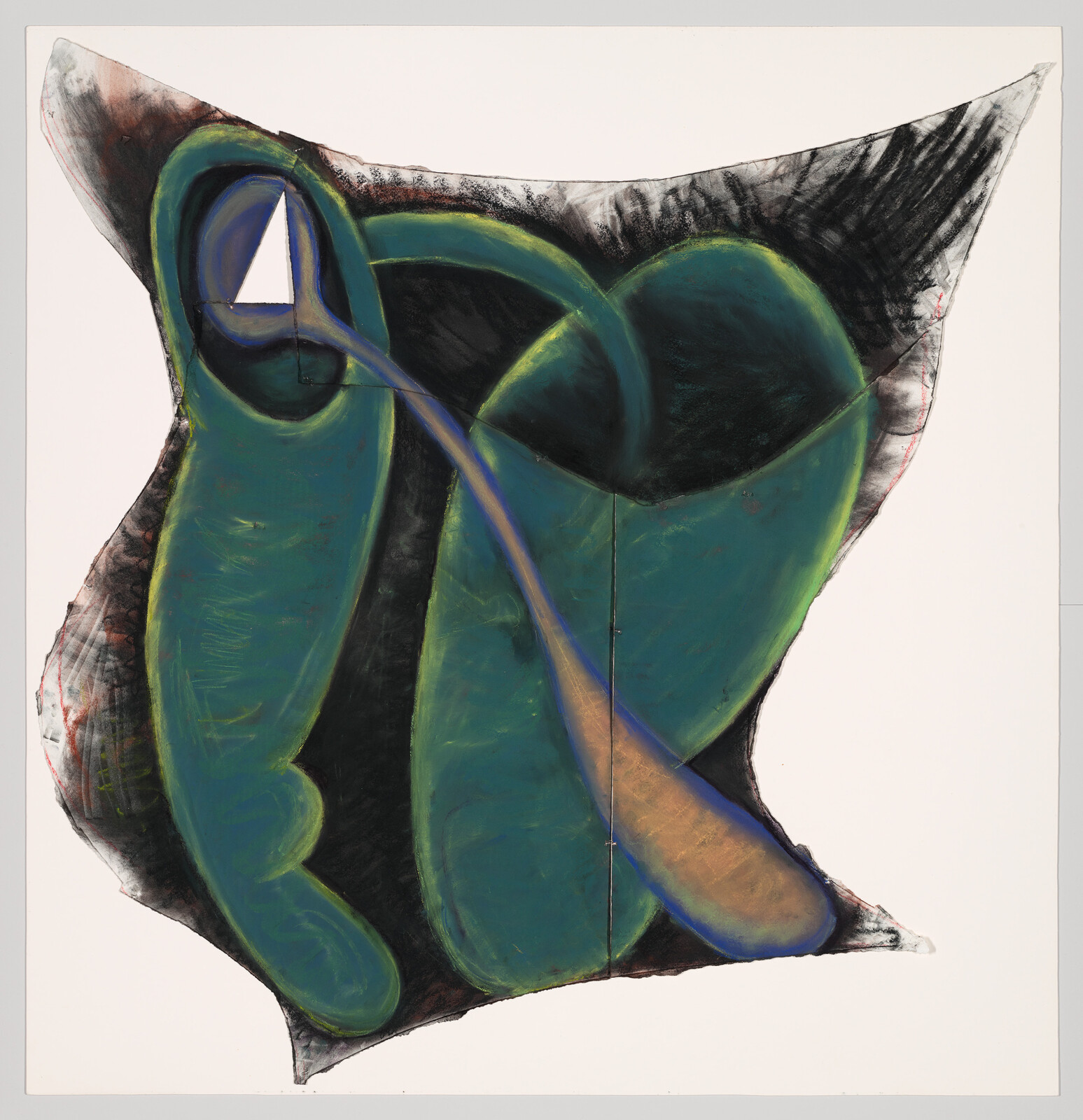 Large green abstract shapes connected by a flowing blue and orange ribbon with a white triangle.