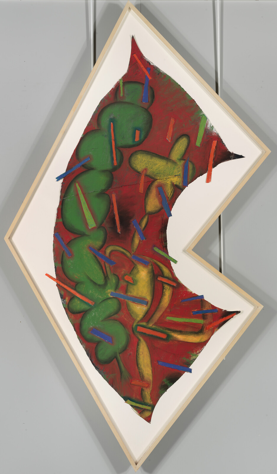Abstract diamond-shaped painting with green and yellow organic forms on red background and colorful rectangular sticks.