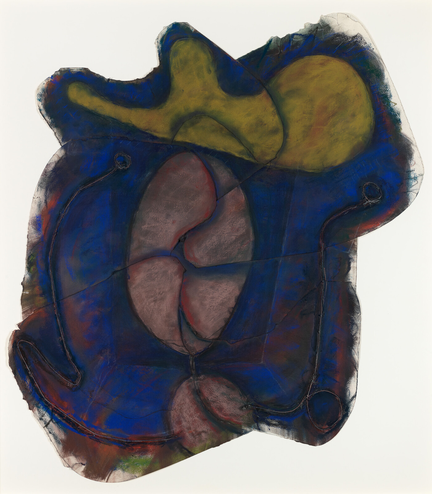 An abstract painting with a blend of dark blue, red, and yellow colors, featuring organic shapes and lines that create a somewhat amorphous and fluid form. The edges of the form are uneven and the overall composition has a sense of depth due to the layering of colors.