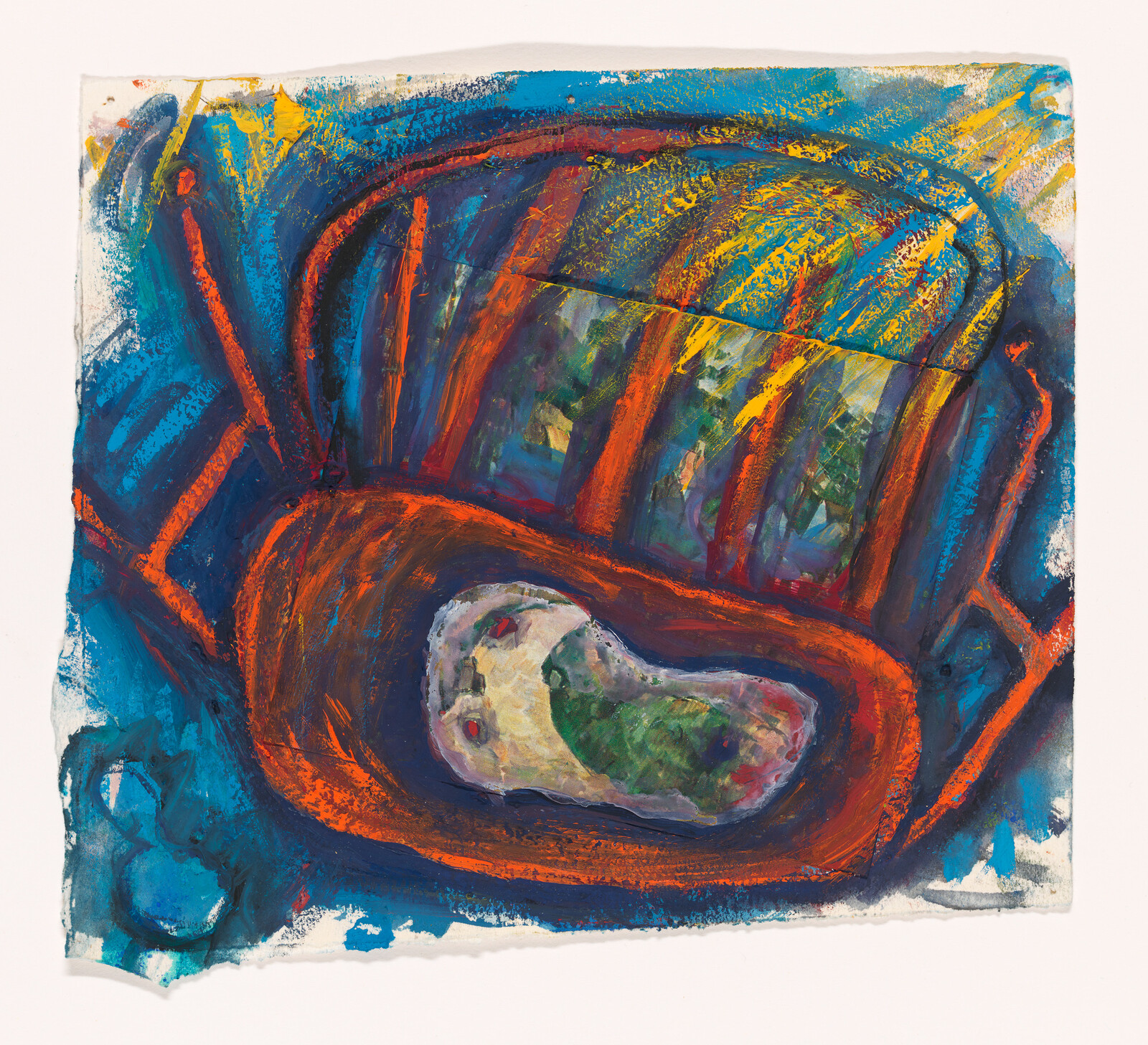 Bright, painterly chair with orange frame and a small patterned cushion in the seat.