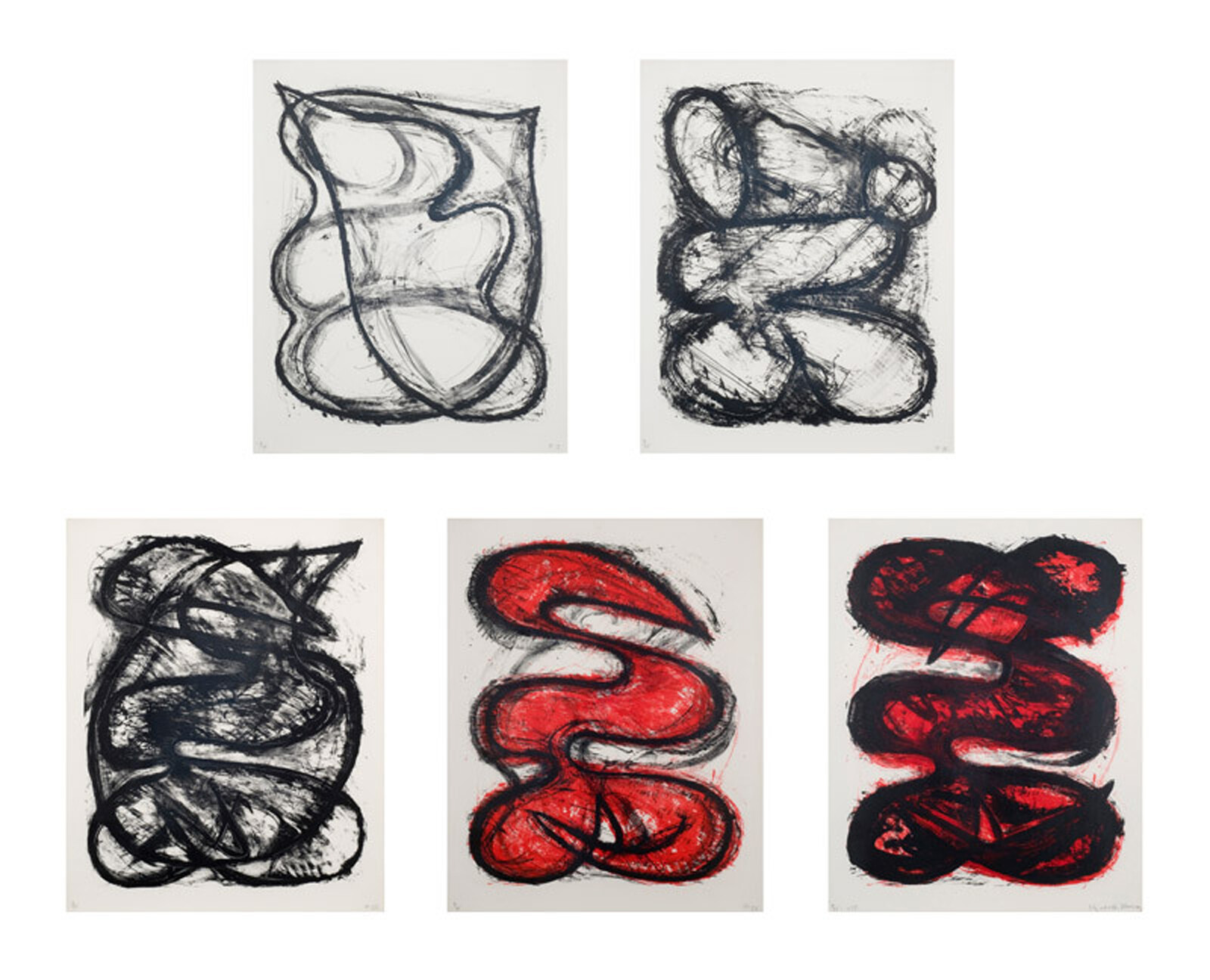 Six abstract artworks displayed in two rows of three, each featuring bold, gestural lines in black and red on a white background. The shapes are organic and fluid, with no discernible figures or objects.