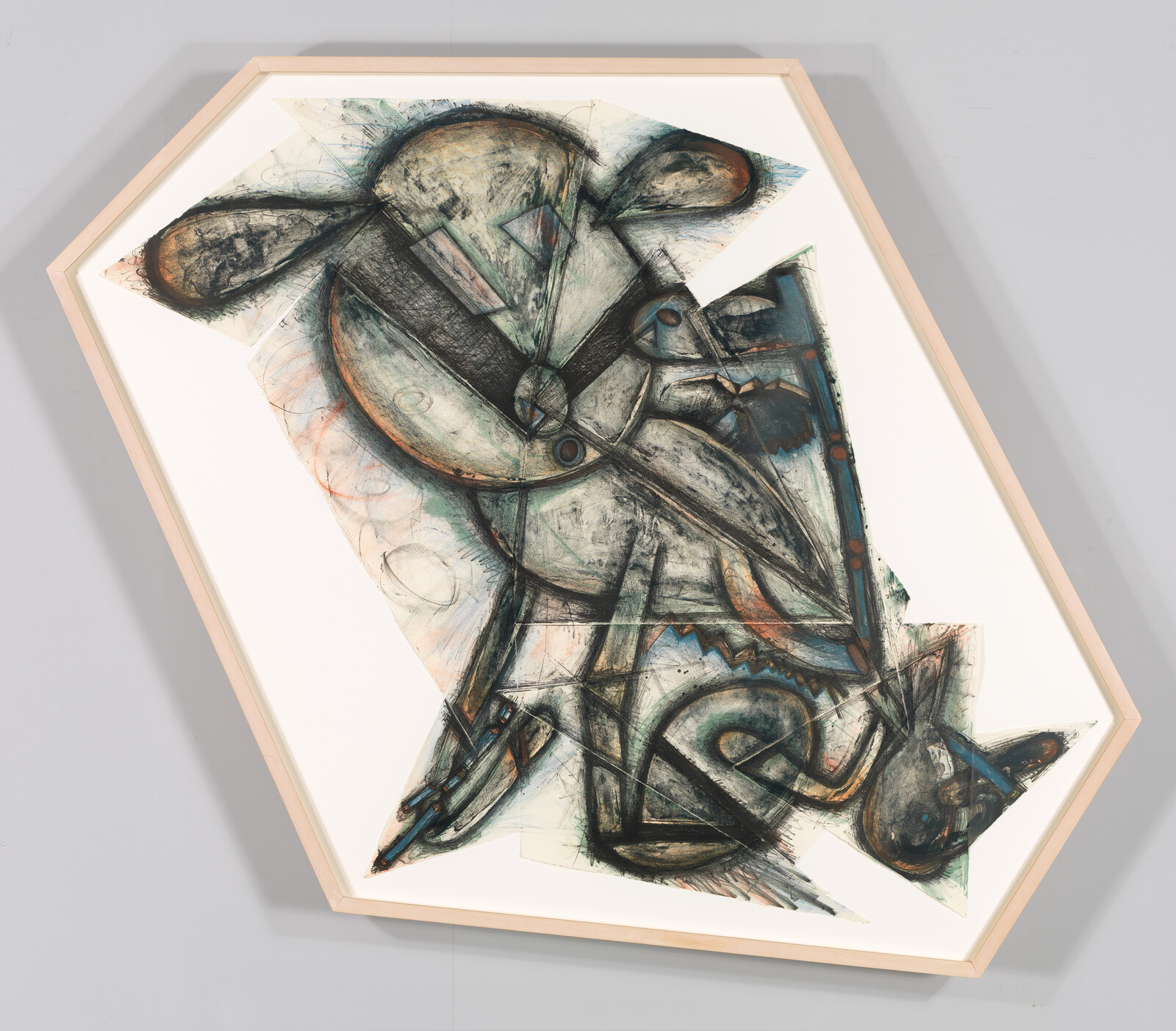 Abstract charcoal and pastel drawing with overlapping geometric and organic shapes in a hexagonal wooden frame.