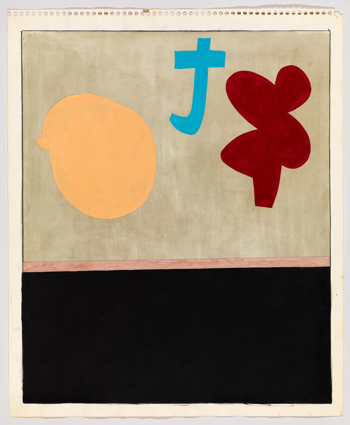Abstract composition with three colored shapes above a wide black rectangle.