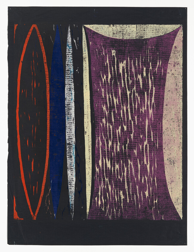 Abstract composition of vertical panels with a large purple textured rectangle and narrow colored ovals.