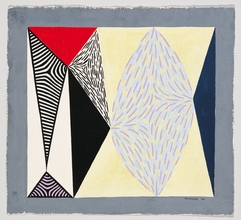 Geometric abstract painting with patterned black-and-white triangles and a large pastel textured oval.