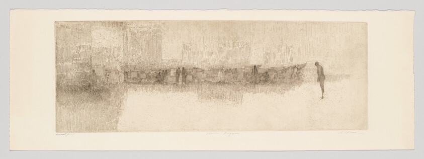 A lone person stands beside a foggy riverside pier with distant figures and buildings.