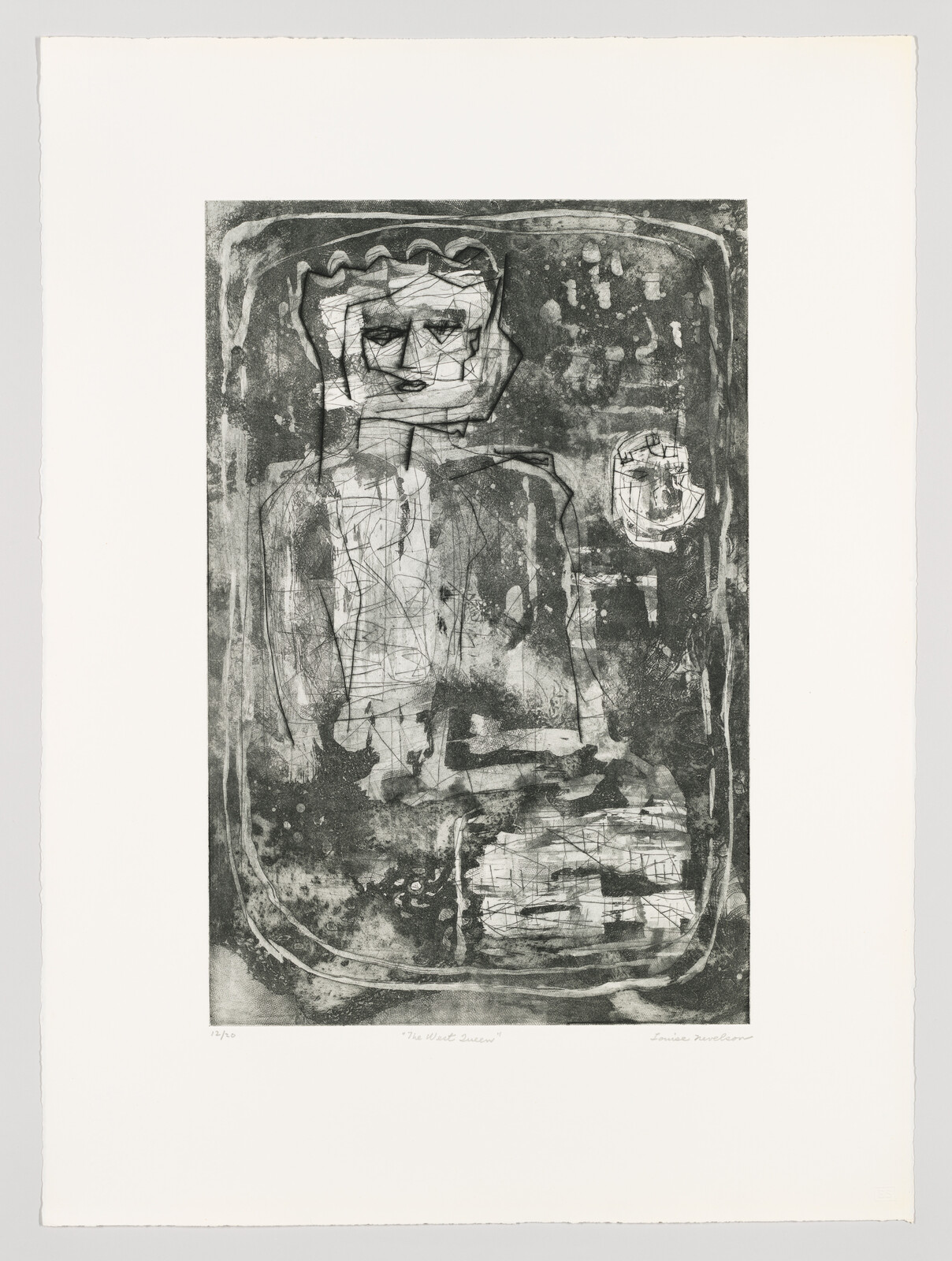 An abstract crowned figure with geometric lines stands inside a textured rectangular frame.