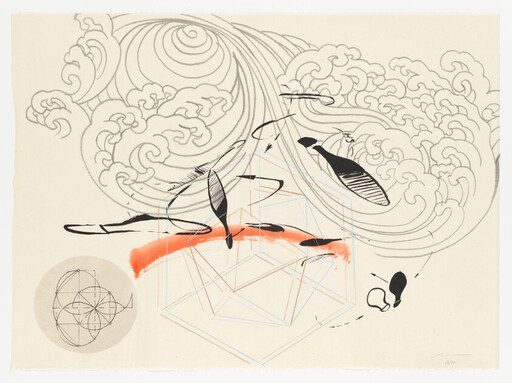 Abstract composition with swirling cloud lines, black leaf shapes, an orange brushstroke, and faint geometric cube.