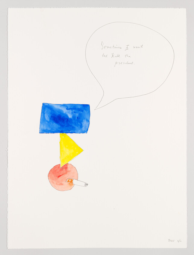 Blue rectangle, yellow triangle, and red circle with cigarette under a bubble saying "Sometimes I want to kill the president.".