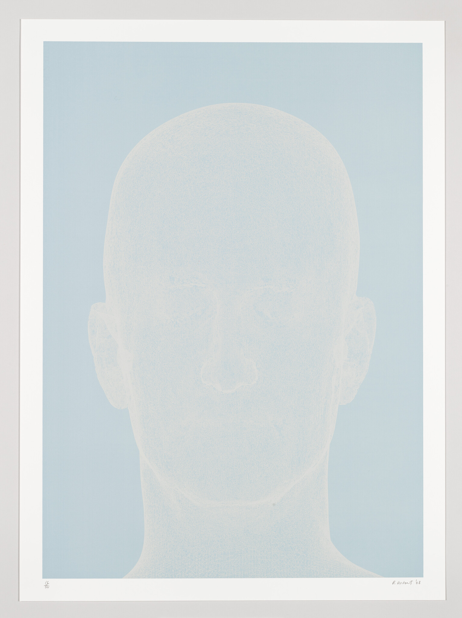A pale blue minimalist portrait of a bald head facing forward within a white mat.