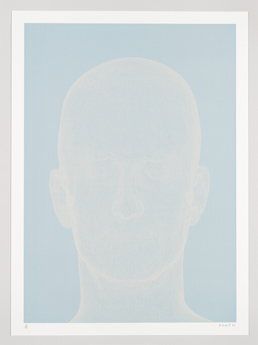 A pale blue minimalist portrait of a bald head facing forward within a white mat.