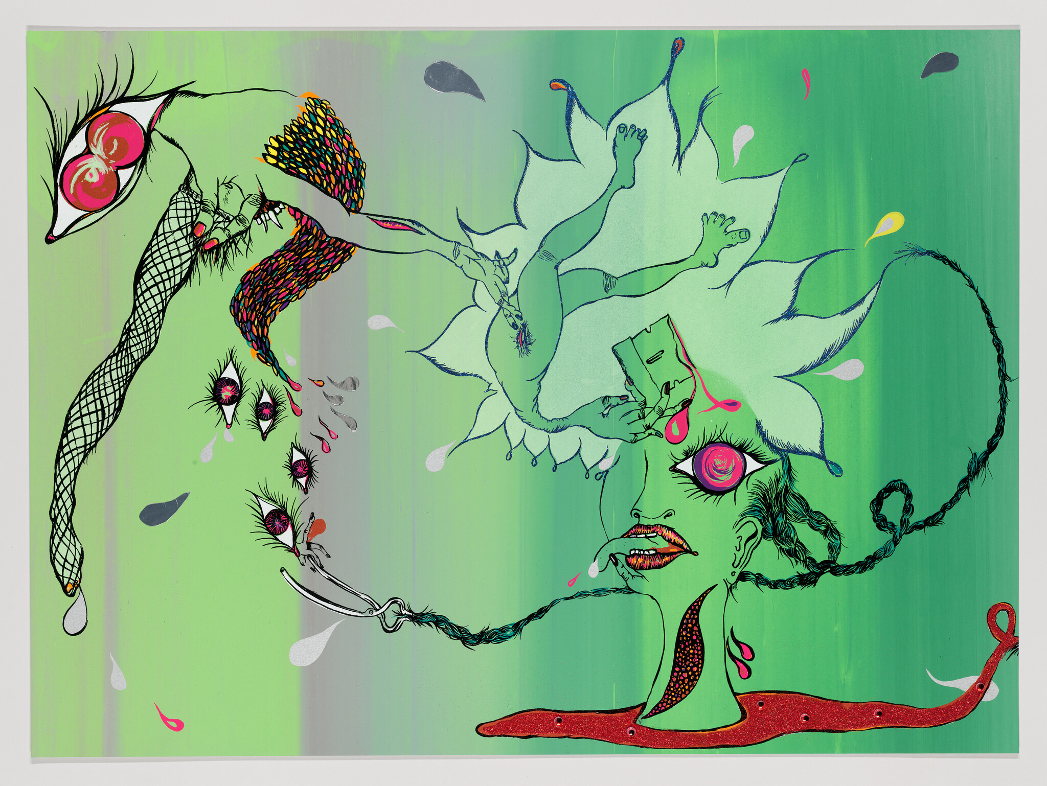 A green mythological one-eyed decapitated head with braided hair spiraling is surrounded by loose limbs and eyes