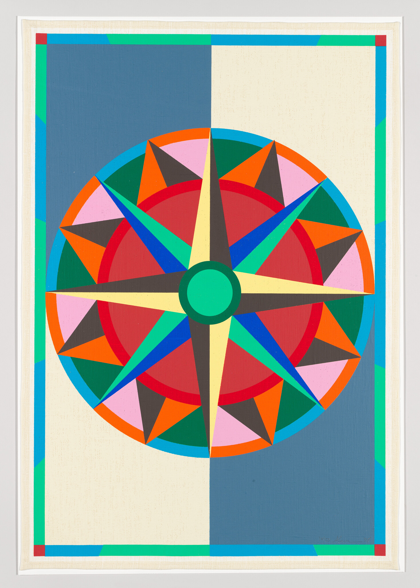 Bright geometric compass rose with eight pointed star in red, teal, blue, and orange.