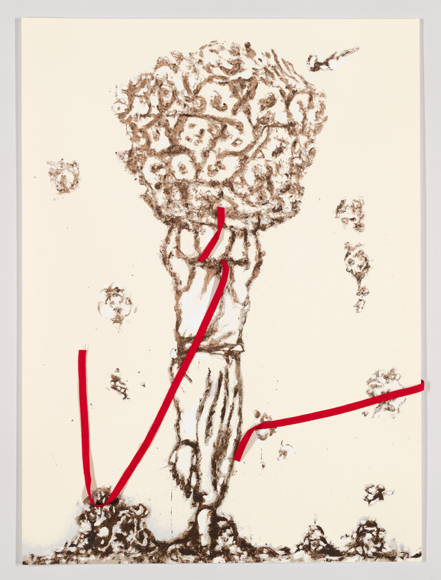 Tall abstract tree-like figure with textured trunk and red lines tracing paths from base to canopy.