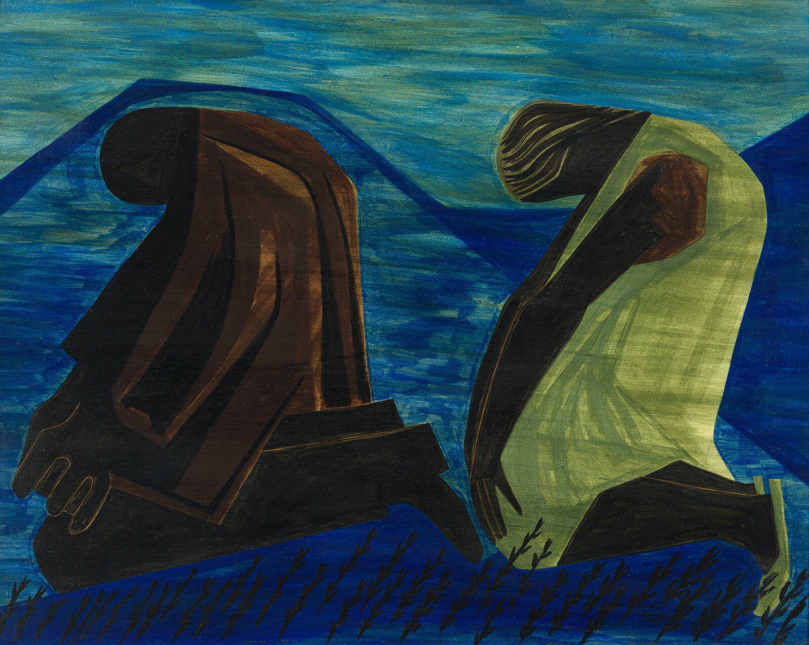 Two hooded figures kneel facing away beside blue water and dark grass.