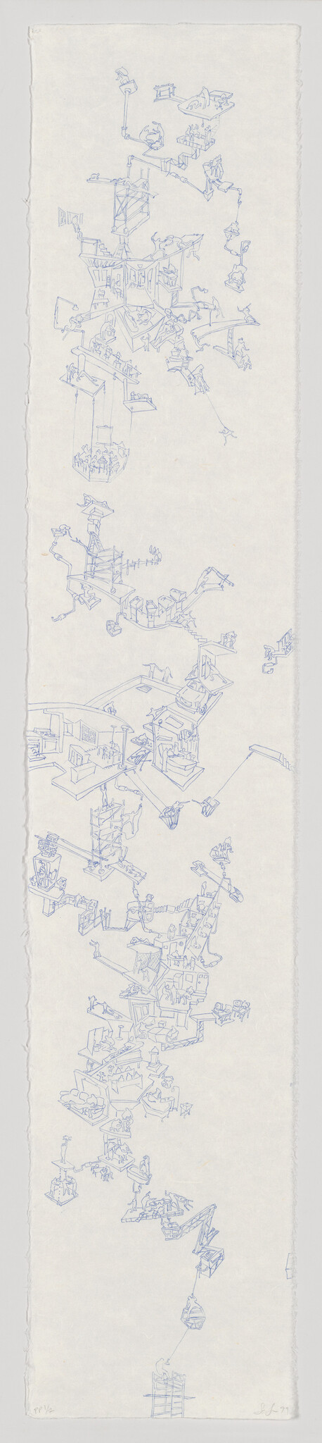 Tall vertical drawing of interconnected miniature rooms, machines, and figures linked by ladders and platforms.