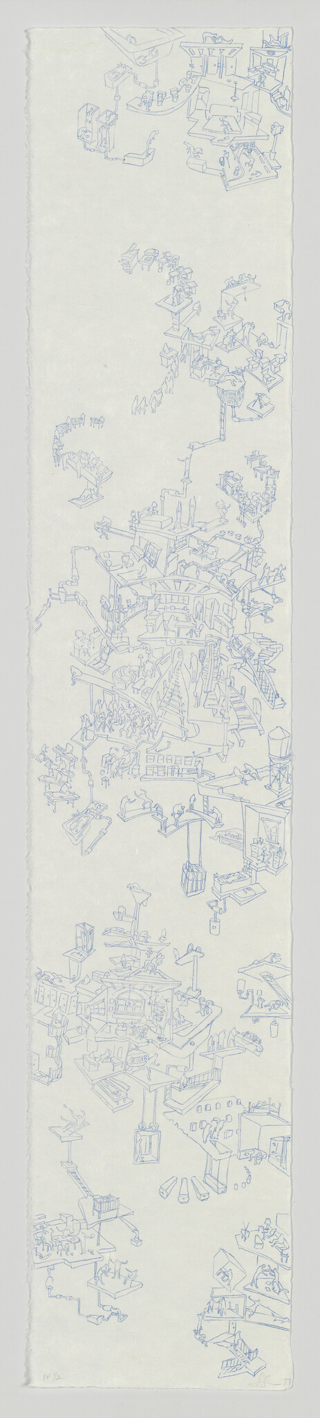 Tall vertical blueprint-like drawing showing many tiny interconnected architectural structures and figures.